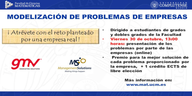 Modelización de problemas de empresas: Presentación viernes 30 de octubre mediante Collaborate en el Espacio de Coordinación de Matemáticas en Moodle